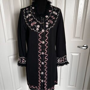 🌺 Vintage Storybook Knits Embroidered Beaded Black Cardigan Duster Sweater Small